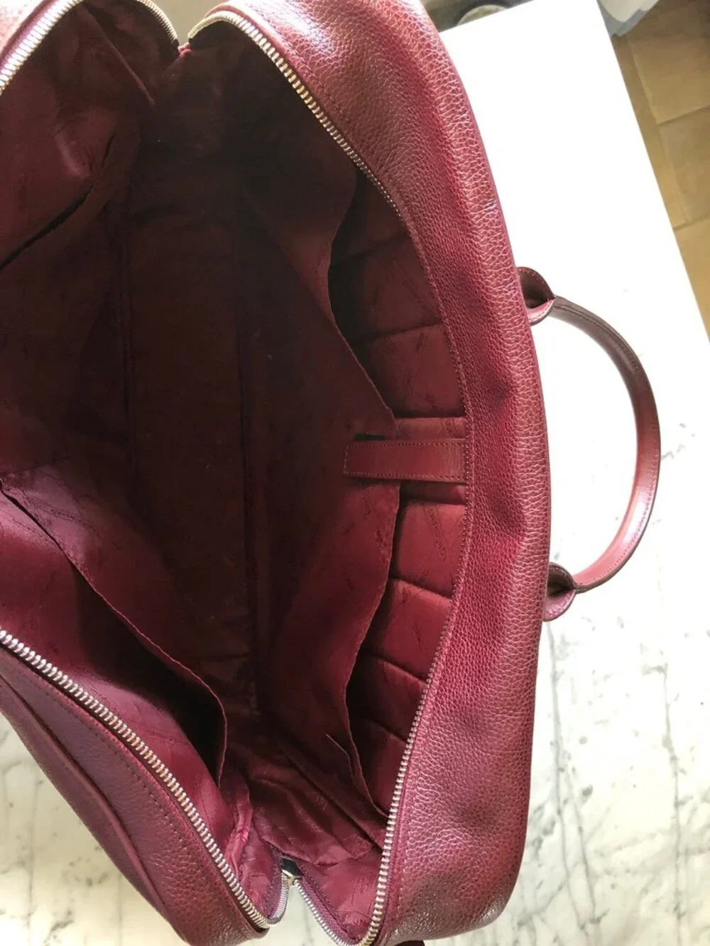 Longchamp Le Foulonné leather briefcase in a burgundy / deep red